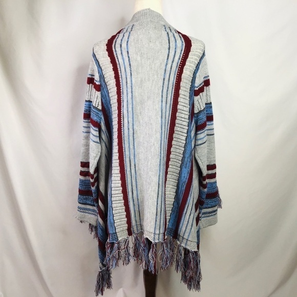 1175 Cardigan Sweater Size M Boho Fringe Soft Knit Gray Blue Burgundy - Picture 5 of 10